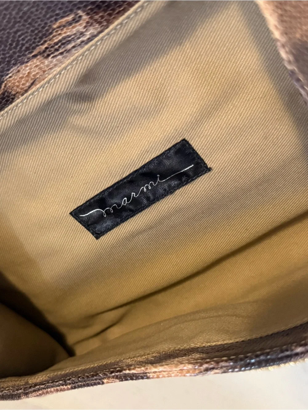 Marmi Leather Neutral Brown Patterned Envelope Clutch with Gold Chain